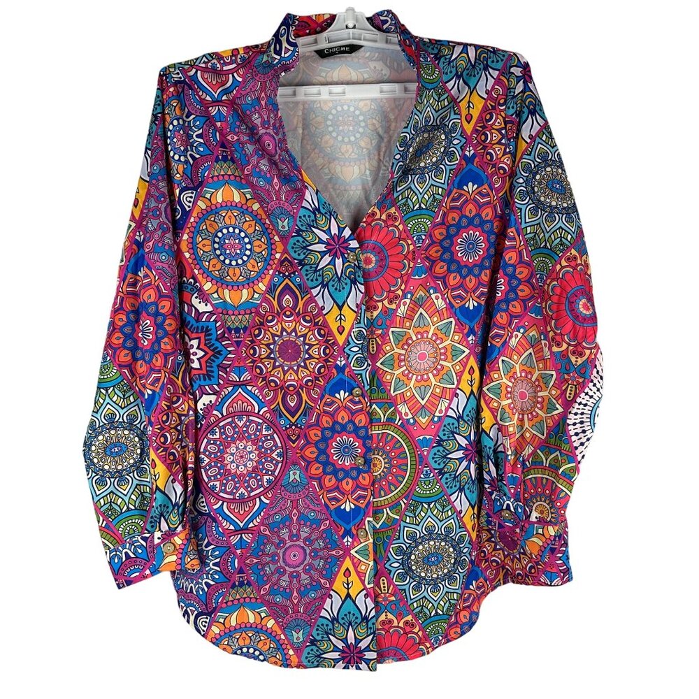 Chicme Womens Long Sleeve Mandala Print Blouse Shirt Size M